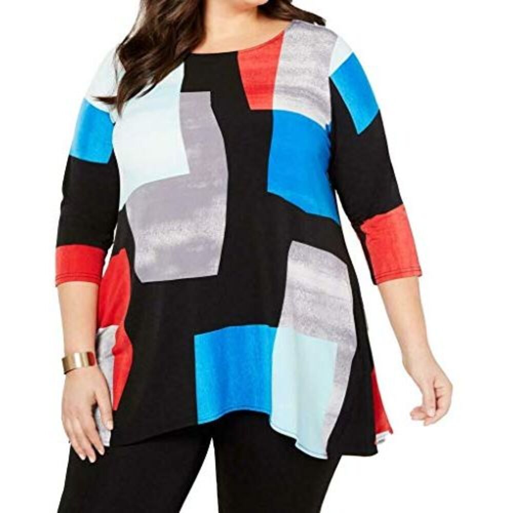 Alfani Womens Plus Asymmetric Business Tunic Top Black Vibrant Collage 2X